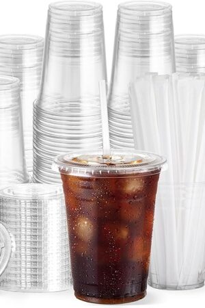 100 Pack 16 oz Clear Plastic Cups with Lids and Straws, Disposable Coffee Cups with Lids, To Go Iced Coffee Cups with Lids, Disposable Cups for Party, Smoothie Cup for Cold Drinks