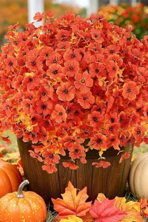 Artificial Fall Flowers Outdoor UV Resistant Fake Mums Bulk Outdoor Faux Mums Plants 12 Bundles Plastic Flower Decorations for Home Garden Porch Hanging Planter Vase Autumn Decor Outside, Orange