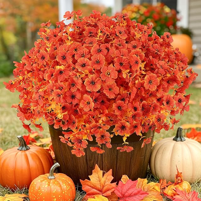 Artificial Fall Flowers Outdoor UV Resistant Fake Mums Bulk Outdoor Faux Mums Plants 12 Bundles Plastic Flower Decorations for Home Garden Porch Hanging Planter Vase Autumn Decor Outside, Orange