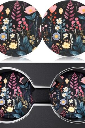 2 Pack Car Cup Holder Coasters, 2.63 Inch Anti Slip Ceramic Absorbent Coaster with Cork Base and Finger Notch, Cute Car Accessories Interior for Women