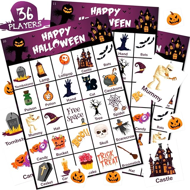 The V-Opitos Halloween Bingo Game Card for Kids/Adults, 36 Players - Halloween Game for Family/School Classroom/Large Group, Party Favor for Toddler Boy/Girl