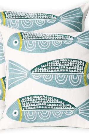 2 PCS Embroidered Throw Pillow Cover Cotton Decorative Square Cushion Cases for Home Sofa Bed and Chair 18 x 18 Inch (Blue Fish-2)