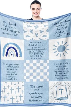 Baptism Gifts for Boys, Baptismal Gift Blanket 40"x50", Christian Present, Religious Bible Goddaughter/Godson Catholic Gift Ideas Throw Blankets, Baptism Favors Christening Gift for Boy