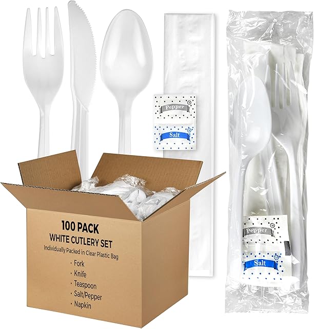 100 Pack Medium Weight Wrapped white Plastic Cutlery Pack with Napkin and Salt/Pepper Packets (White)