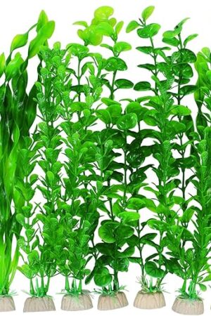 AQUANEAT Artificial Fish Tank Plants, Green Plastic Aquarium Accessories, Multi Shape Fake Decorations, 10packs