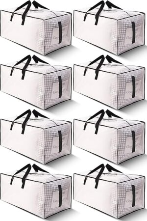 8 Pack Large Strong Moving Bags with Zippers & Carrying Handles - Water-Resistant - Heavy Duty Storage Tote for Space Saving, Fold Flat, Alternative to Moving Box (Semi-Transparent)