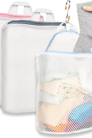 3Pcs Hanging Laundry Bags for Socks with S Hooks, 3 Color Mesh Laundry Bags for Washing Machine
