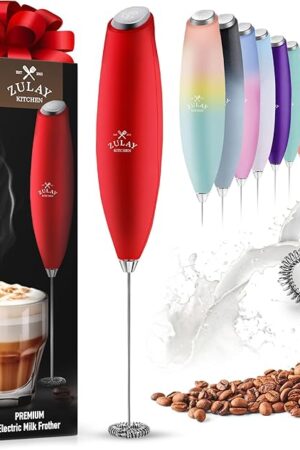 Zulay Powerful Milk Frother for Coffee with Powerful Motor - Handheld Frother Electric Whisk, Milk Foamer, Mini Mixer & Coffee Blender Frother for Frappe, Latte, Matcha, No Stand - Red
