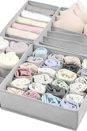 Vtopmart 4 Pack Underwear Drawer Organizers Set, 6+7+8+24 Cells Clothes Drawer Dividers Dresser Organizers Bins for Socks, Bras, Scarves, Ties, Non-Woven Fabric Storage Boxes for Closet, Nursery