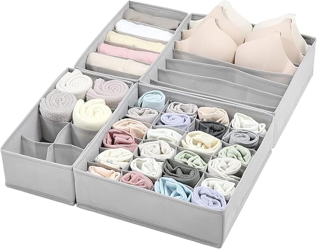 Vtopmart 4 Pack Underwear Drawer Organizers Set, 6+7+8+24 Cells Clothes Drawer Dividers Dresser Organizers Bins for Socks, Bras, Scarves, Ties, Non-Woven Fabric Storage Boxes for Closet, Nursery