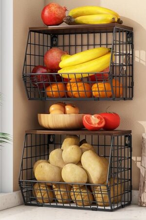2pcs Fruit Basket Kitchen Storage Basket with Wood Lid, Stackable Wall Basket Fruit Basket for Kitchen, Countertop Organizer for Snack, Fruit and Veggie Storage, 11.8 x 7.9 x 8.5 Inch