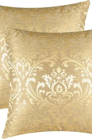 CaliTime Pack of 2 Throw Pillow Covers Cases for Couch Sofa Home Decoration Vintage Damask Floral Shining & Dull Contrast 18 X 18 Inches Gold