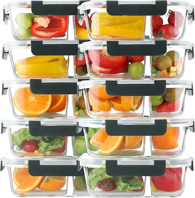 BAYZZ 10 Pack 30 oz Glass Meal Prep Containers 2 Compartments, Glass Storage Containers with Lids, Airtight Lunch Bento Box, BPA-Free, Freezer and Microwave Safe