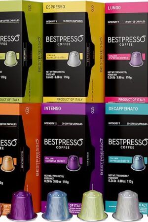 Bestpresso Coffee for Nespresso Original Machine 120 pods Certified Genuine Espresso Variety Pack includes one pack of decaf coffee, Pods Compatible with Nespresso Original