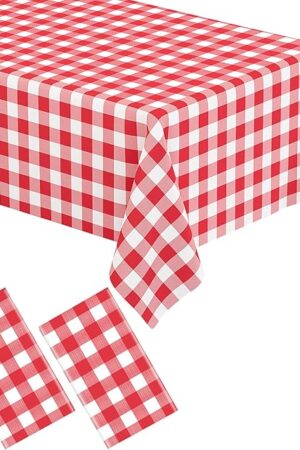 WNINK 2 Pack Red Gingham Tablecloth Rectangular Red and White Checkered Tablecloths Disposable Plastic Red Plaid Table Cover for Parties, Christmas, Outdoor Picnic, Birthday, Wedding, Camping 54 × 108