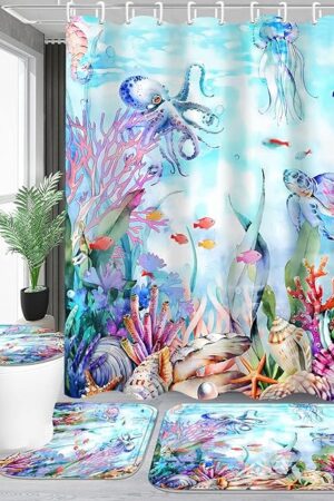 4-Piece Blue Ocean Seaworld Shower Curtain Set Marine Life Bathroom Set with Shower Curtain and Rugs, Octopus Turtle Coral Seagrass Seaworld Bath Curtain with Hooks for Home Decor