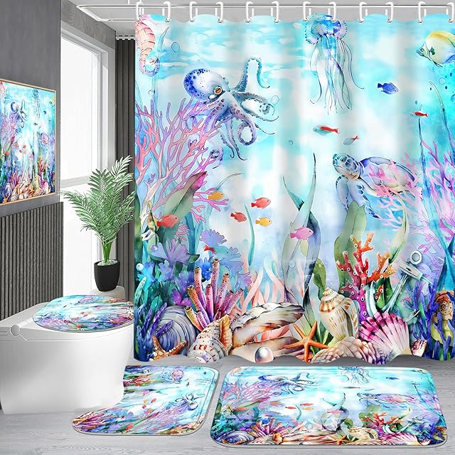 4-Piece Blue Ocean Seaworld Shower Curtain Set Marine Life Bathroom Set with Shower Curtain and Rugs, Octopus Turtle Coral Seagrass Seaworld Bath Curtain with Hooks for Home Decor