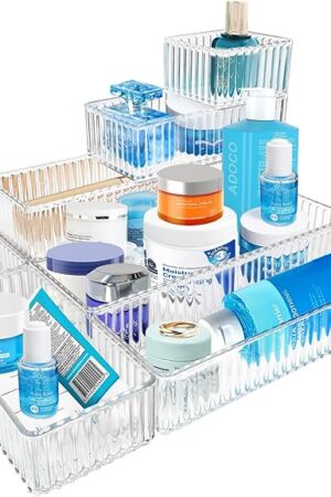 7 PCS Clear Drawer Organizers Bins, 4-Size Stackable Makeup Vanity Drawer Organizer Trays, Acrylic Bathroom Drawer Organizer Storage Containers for Cosmetic,Office Supply