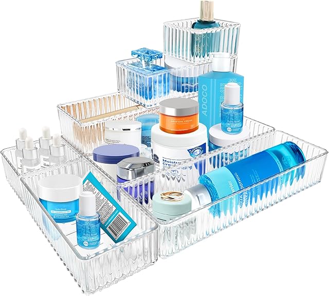 7 PCS Clear Drawer Organizers Bins, 4-Size Stackable Makeup Vanity Drawer Organizer Trays, Acrylic Bathroom Drawer Organizer Storage Containers for Cosmetic,Office Supply