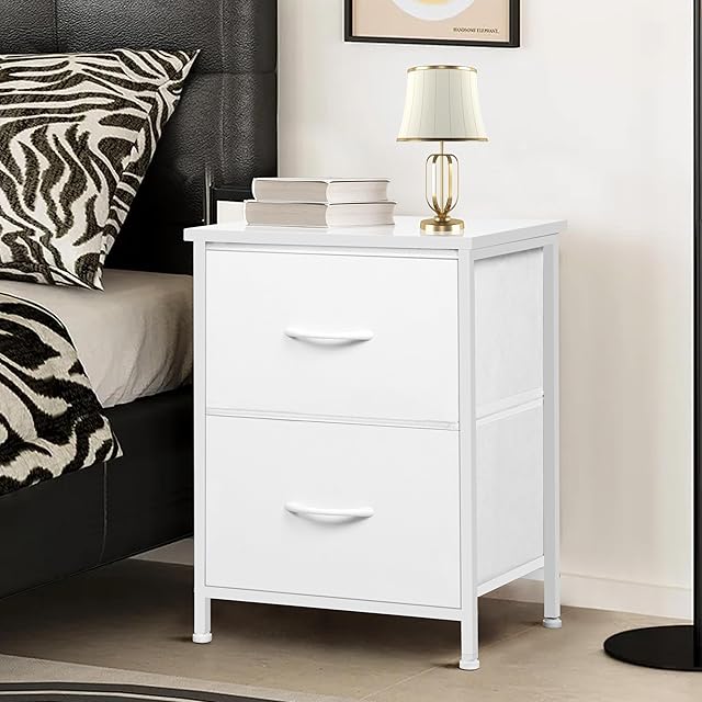 LOFTEY White Nightstand, Bedside Table with 2 Fabric Drawers, Small Kids Night Stand for Bedroom, Bed Side Table with Storage, 15.7" L x 11.8" W x 21" H