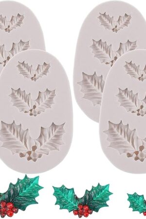 4 Pieces Christmas Holly Leaves Silicone Mold Leaf Shaped Fondant Mold Chocolate Dessert Molds for Baking Chocolate Candy Sugar Cake Decorations