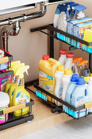 ADBIU Under Sink Organizer, 2 Pack 2 Tier Expandable Height (13.2" - 17.2") Pulling Out Kitchen Bathroom Cabinet Organizers