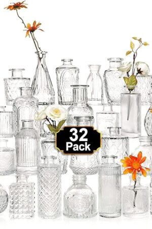 Arme Glass Bud Vase Set of 32 Pcs，Small Glass Vases for Flowers，Clear Bud Vases in Bulk，Vintage Vases for Centerpieces，Small Glass Bud Vase for Rustic Wedding Decorations，Home Table Flower Décor