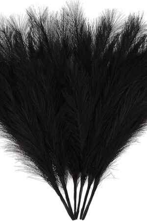 ZIFTY 6-Pcs 17" Black Pampas Grass Faux Pompas Fluffy Artificial Fake Flower Gothic Decor for Black Bathroom Decor Vase Filler Ins Style Modern Home Decor Halloween (Black)
