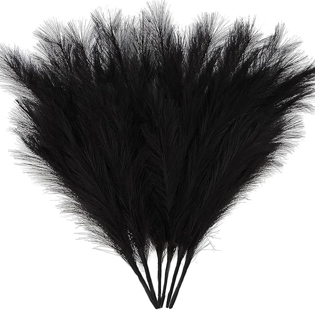 ZIFTY 6-Pcs 17" Black Pampas Grass Faux Pompas Fluffy Artificial Fake Flower Gothic Decor for Black Bathroom Decor Vase Filler Ins Style Modern Home Decor Halloween (Black)
