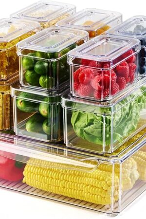 10 Pack Clear Fridge Organizer, Stackable Refrigerator Organizer Bins with Lids, Fridge Storage Containers for Kitchen, Food, Cabinets, Fruits, Vegetables, Cereals