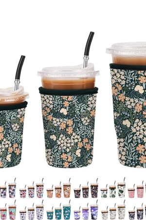 3 Pack Reusable Insulated Neoprene Iced Coffee Sleeves & Coffee Cup Holder, Universal Fit 16-32oz Cups for Hot/Cold Beverages - Flower-3 Pack