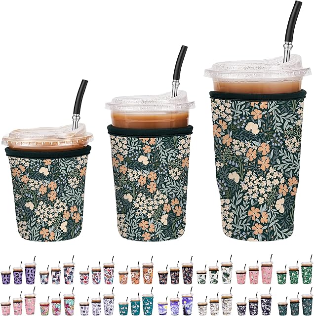 3 Pack Reusable Insulated Neoprene Iced Coffee Sleeves & Coffee Cup Holder, Universal Fit 16-32oz Cups for Hot/Cold Beverages - Flower-3 Pack