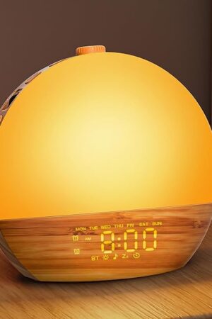 Wood Grain White Noise Sound Machine Sunrise Alarm Clock with 25 Soothing Sounds, 17 Dimmable Night Lights, Bluetooth Speaker Wake Up Light alarm clocks for bedrooms, Heavy Sleepers, Baby, Kids