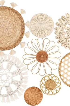 Boho Wall Basket Decor Set of 8 - Flat Woven Basket Wall Hanging Decor,Round Tassels White Macrame Tapestry Wall Decor Art,Handmade Rattan Wicker Seagrass Home Wall Baskets Decor（Boho Classic)