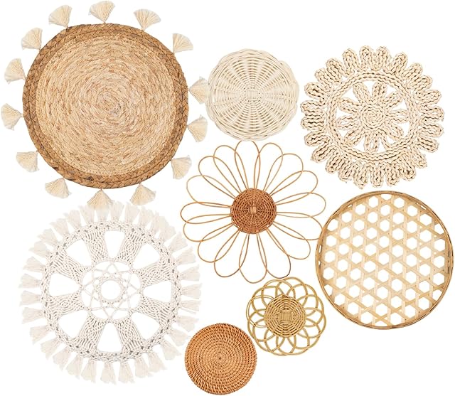 Boho Wall Basket Decor Set of 8 - Flat Woven Basket Wall Hanging Decor,Round Tassels White Macrame Tapestry Wall Decor Art,Handmade Rattan Wicker Seagrass Home Wall Baskets Decor(Boho Classic)