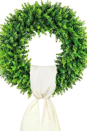 DDHS 20'' Boxwood Wreaths Front Door Artificial Spring Wreath. Wreaths for Front Door Farmhouse Wedding Green Year Round Indoor Outdoor for Summer Wreath St Patricks Day Decorations -(Hello Sign)