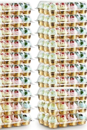 (12 Pack x 20 Sets) Stackable Cupcake Carrier with 240 Pack Liners, Plastic Cupcake Boxes Holders for 12 Cupcakes, High Tall Dome Lid Cupcake Containers, Clear Disposable Cupcake Trays