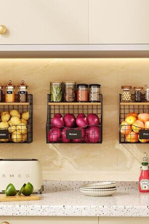 3 Pack Fruit Basket for Kitchen with Wood Lid - Counter&Wall Mounted Onion and Potato Storage with Nameplate, Stackable Storage Basket, Hanging Metal Wire Baskets Kitchen Countertop Organizer Pantry
