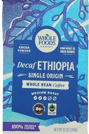 Whole Foods Market, Decaf Ethiopia Single Origin Whole Bean Coffee, Medium Roast, Cocoa Powder, Raw Honey & Dried Berries, 12 Ounce