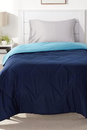 Amazon Basics Comforter Blanket Twin/Twin XL, Reversible Lightweight Microfiber All Season Blanket, Navy/Sky Blue