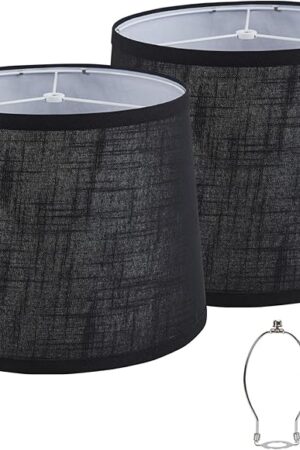 Black Bedside Lamp Shades Set of 2 Replacement, Fabric Medium Lampshades 13" Top x 11" Bottom x 10" High, Drum Shades, Harp Holder Included