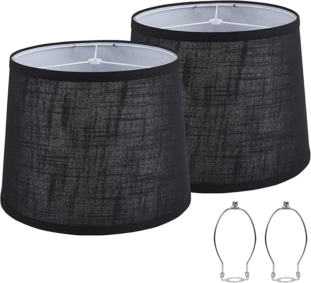 Black Bedside Lamp Shades Set of 2 Replacement, Fabric Medium Lampshades 13" Top x 11" Bottom x 10" High, Drum Shades, Harp Holder Included