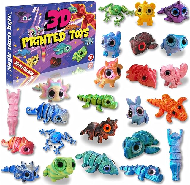 2025 Mini 3D Printed Animals Christmas Advent Calendar, 24PCS Articulated Flexible Figurines Toy Set with Shining Eyes, Gift for Kids Boys Girls Toddlers Party Favors Office Desk Pets Stocking Stuffer