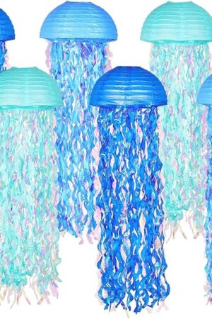 10" Blue Hanging Jellyfish Paper Lanterns - Under The Sea Party & Mermaid Birthday Decorations, Baby Shower, Nautical Events, Ocean Theme Classroom & Beach Room Decor (Set of 6)
