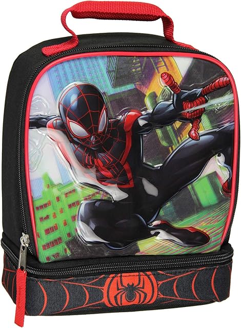 Bioworld Marvel Spider-Man Comic Superhero Dual Compartment Soft Lunch Bag Box Tote Kit
