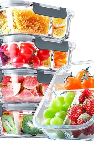 VERONES 5 Pack Glass Meal Prep Containers 3 Compartment Set, 36OZ Airtight Glass Lunch Containers, Glass Food Storage Containers with Lids, for Microwave, Oven, Freezer & Dishwasher Friendly,Grey