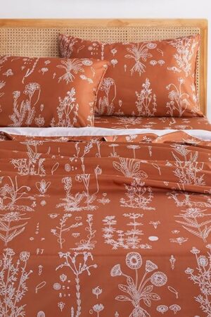 Wake In Cloud Floral Bed Sheets 4-Piece Sheet Set Soft Microfiber Terracotta Orange Queen Size Flower