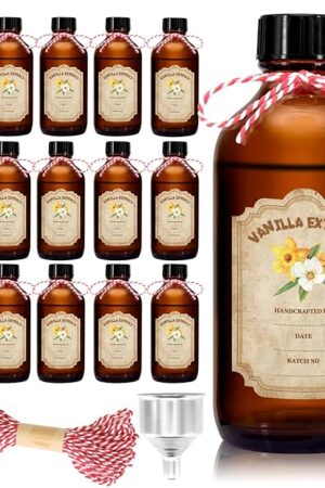 12 Pack 2 Ounce Amber Glass Bottle with Lids Vanilla Extract Homemade Brown Bottle 2 oz and 12Pcs Vanilla Extract Stickers for Syrup Gift Glass