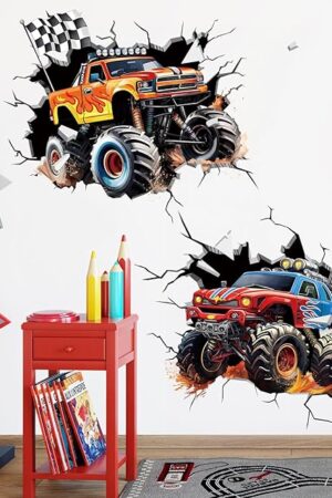 decalmile 2 Large 3D Racing Cars Wall Decals Trucks Break Through Wall Stickers Boys Bedroom Kids Room Playroom Wall Decor