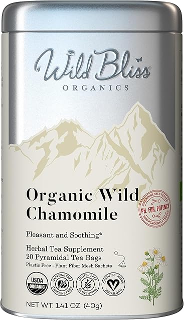 Wild Bliss Organic Chamomile Tea - Caffeine Free Calming Herbal Support - Pharmacopoeia Potency - 20 Plant Based Tea Bags